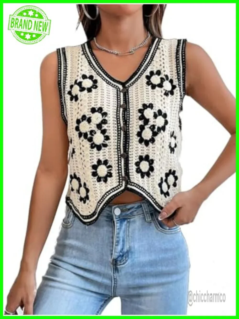 V-Neck Stitch Knit Sleeveless Sweater Vest Button Front Crop Vest